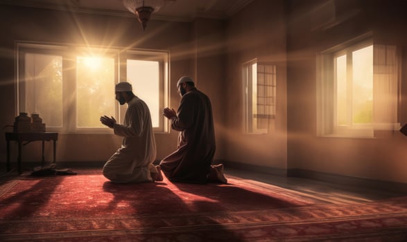 Muslim couple in traditional attire engaged in prayer, illuminated by sunlight streaming through the window, embodying devotion and spirituality.Generated image photo