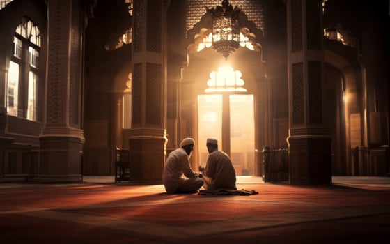 Muslim couple in traditional attire engaged in prayer, illuminated by sunlight streaming through the window, embodying devotion and spirituality.Generated image photo