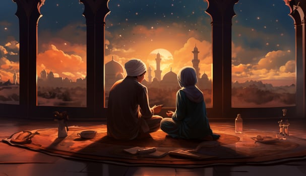Muslim couple in traditional attire engaged in prayer, illuminated by sunlight streaming through the window, embodying devotion and spirituality.Generated image photo