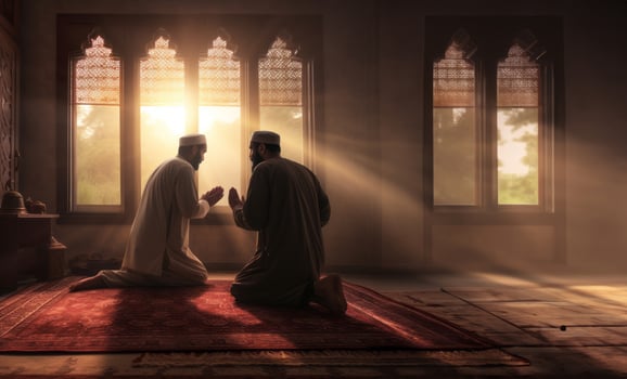 Muslim couple in traditional attire engaged in prayer, illuminated by sunlight streaming through the window, embodying devotion and spirituality.Generated image photo