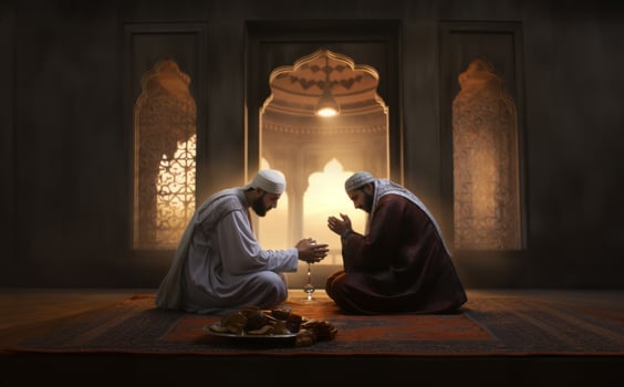 Muslim couple in traditional attire engaged in prayer, illuminated by sunlight streaming through the window, embodying devotion and spirituality.Generated image photo