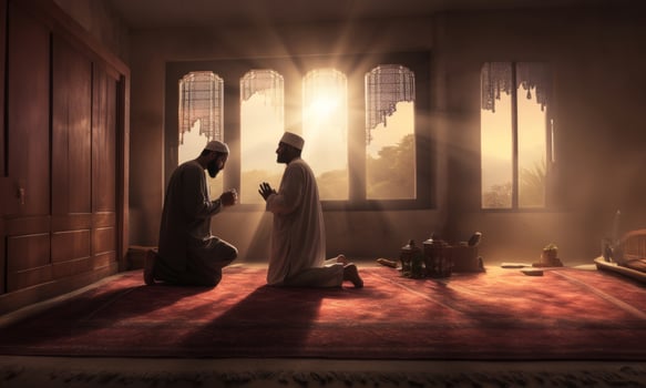 Muslim couple in traditional attire engaged in prayer, illuminated by sunlight streaming through the window, embodying devotion and spirituality.Generated image photo