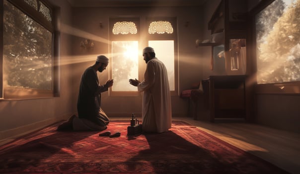 Muslim couple in traditional attire engaged in prayer, illuminated by sunlight streaming through the window, embodying devotion and spirituality.Generated image photo