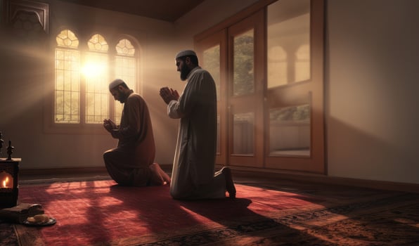 Muslim couple in traditional attire engaged in prayer, illuminated by sunlight streaming through the window, embodying devotion and spirituality.Generated image photo