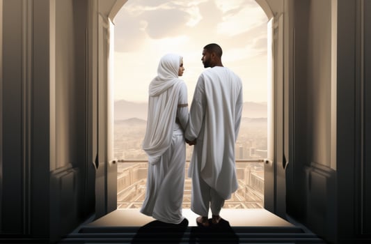 Portrait of a Muslim couple in white Ihram garments at a sacred site, reflecting their devotion and unity during pilgrimage.Generated image photo