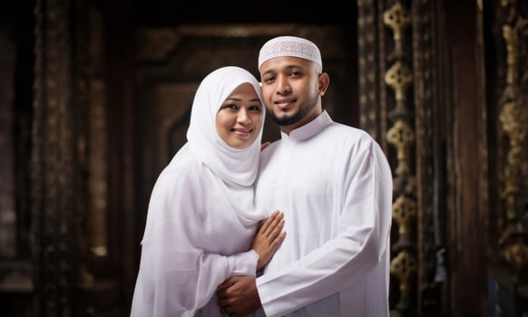 Portrait of a Muslim couple in white Ihram garments at a sacred site, reflecting their devotion and unity during pilgrimage.Generated image photo