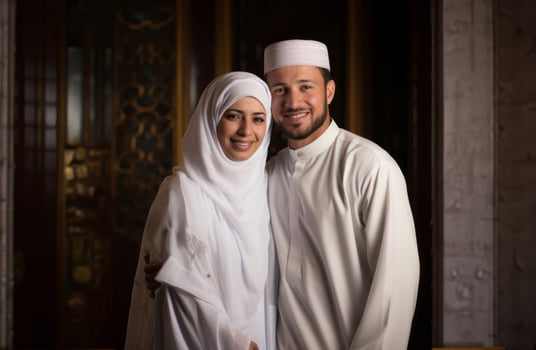Portrait of a Muslim couple in white Ihram garments at a sacred site, reflecting their devotion and unity during pilgrimage.Generated image photo