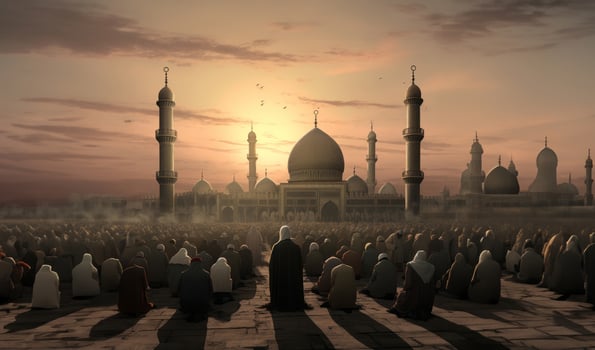 Muslims Performing Prayer at a Sacred Holy Site.Generated image photo