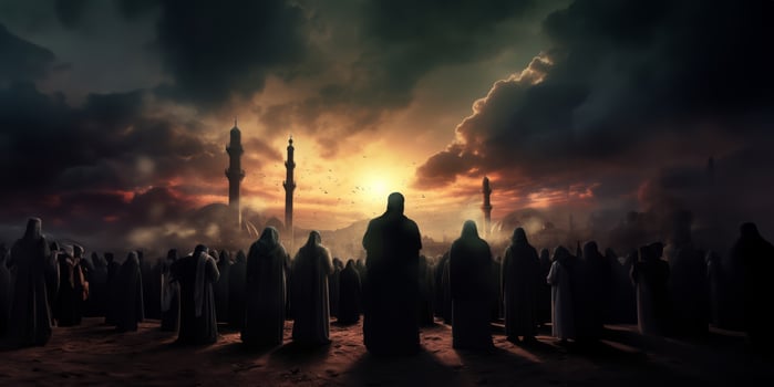 Muslims Performing Prayer at a Sacred Holy Site.Generated image photo