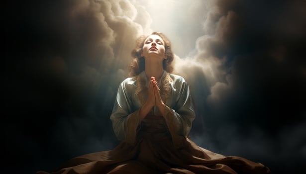 Person Praying to God and Gazing at the Sky Amidst Clouds..Generated image photo