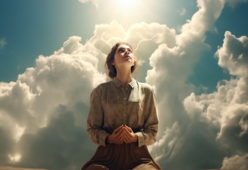 Person Praying to God and Gazing at the Sky Amidst Clouds..Generated image photo