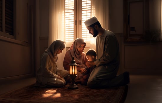 Muslim Family Reading the Quran Together in Preparation for Prayer..Generated image photo