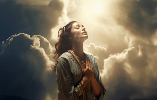 Person Praying to God and Gazing at the Sky Amidst Clouds..Generated image photo