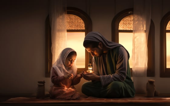 Muslim Family Reading the Quran Together in Preparation for Prayer..Generated image photo