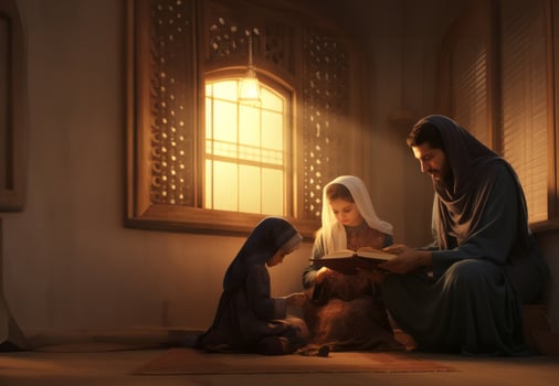 Muslim Family Reading the Quran Together in Preparation for Prayer..Generated image photo