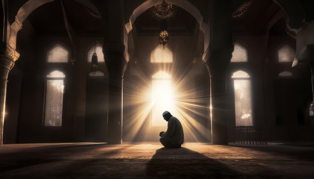 Silhouettes of a Muslim man and woman praying at a sacred site, bathed in the golden light of sunrise and sunset.Generated image photo