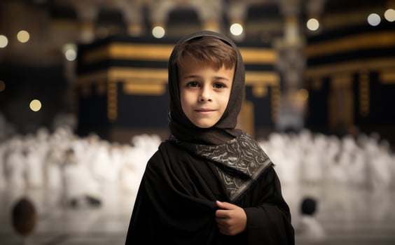 Portraits of Muslim children in pilgrimage attire at the sacred Kaaba, reflecting devotion and spiritual unity..Generated image photo