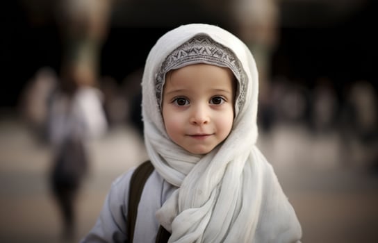 Portraits of Muslim children in pilgrimage attire at the sacred Kaaba, reflecting devotion and spiritual unity..Generated image photo