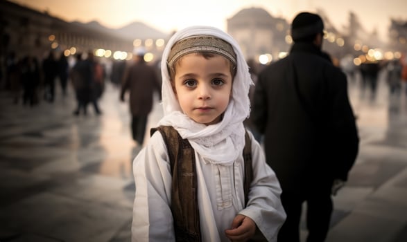 Portraits of Muslim children in pilgrimage attire at the sacred Kaaba, reflecting devotion and spiritual unity..Generated image photo