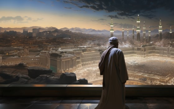 Elderly Muslim man in traditional attire standing in reverence before the Kaaba in Mecca..Generated image photo