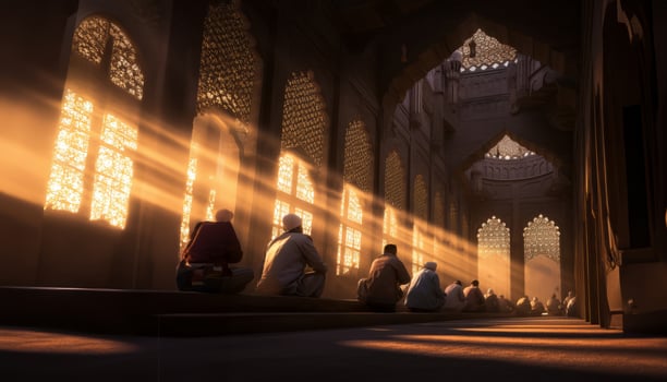 Group of Muslims Praying in a Mosque with Sunlight Streaming Through the Window, Creating Silhouettes.Generated image photo