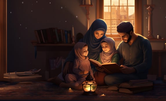 Parents Showing Their Children Sacred Islamic Sites on a Virtual Tablet.Generated image photo