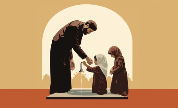 Parents Teaching Their Child Ablution and Preparation for Islamic Prayer.Generated image photo