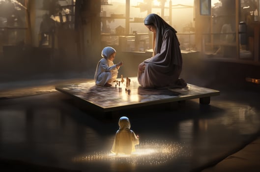 Mother Teaching Her Child the Proper Ablution Process and Prayer Preparation.Generated image photo
