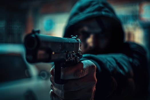 Man aims through the sight of combat metal pistol to hit the target photo