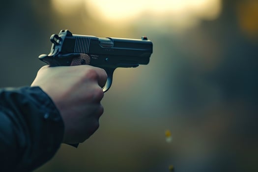Man aims through the sight of combat metal pistol to hit the target photo