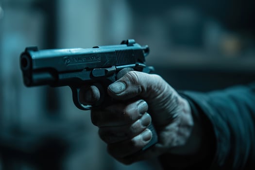 Man aims through the sight of combat metal pistol to hit the target photo