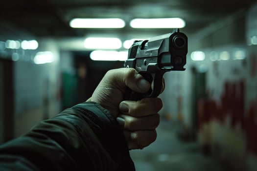 Man aims through the sight of combat metal pistol to hit the target photo