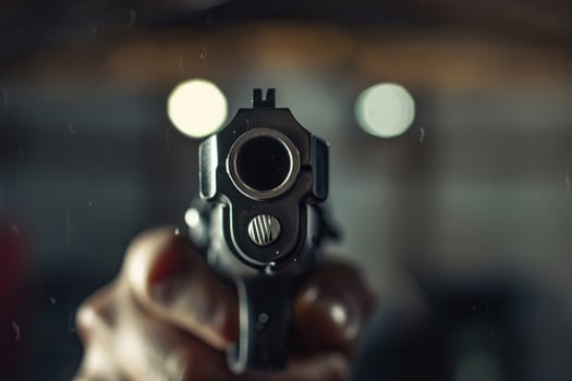 Man aims through the sight of combat metal pistol to hit the target photo