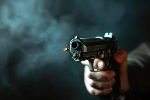 Man aims through the sight of combat metal pistol to hit the target photo