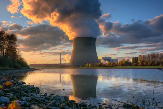 Nuclear power plant made of huge smokestacks polluting the environment photo