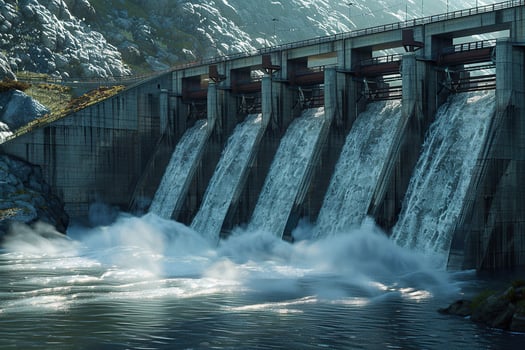 Hydroelectric power energy plant with large turbines and water spills photo
