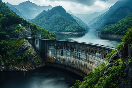 Hydroelectric power energy plant with large turbines and water spills photo