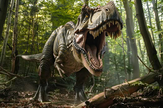 Big scary hungry dinosaur with kind eyes and sharp teeth destroying park photo
