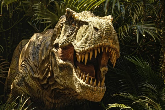 Big scary hungry dinosaur with kind eyes and sharp teeth destroying park photo