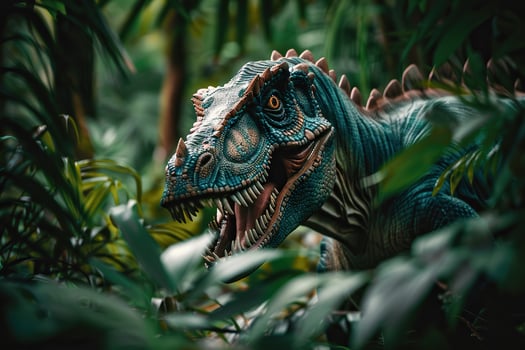 Big scary hungry dinosaur with kind eyes and sharp teeth destroying park photo
