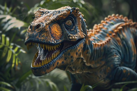 Big scary hungry dinosaur with kind eyes and sharp teeth destroying park photo