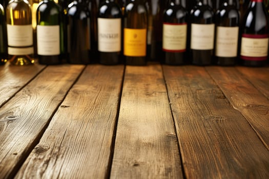 Wine bottles on a wooden table with a blank space. photo