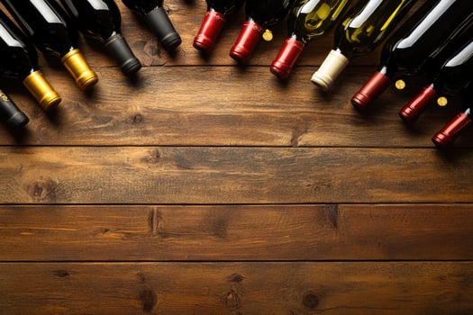Wine bottles on a wooden table with a blank space. photo