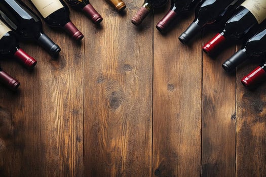 Wine bottles on a wooden table with a blank space. photo