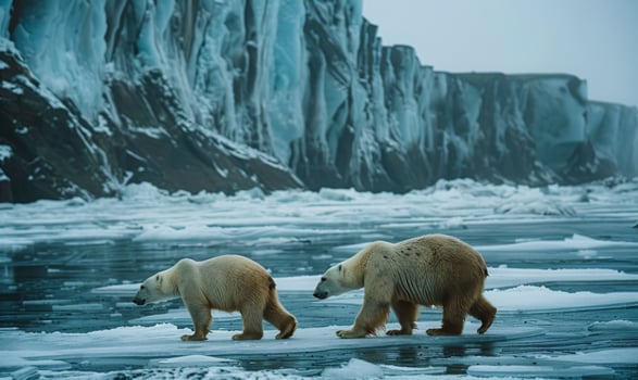 Polar bears walking across a vast icy terrain near the North Pole, with a background of towering ice cliffs photo