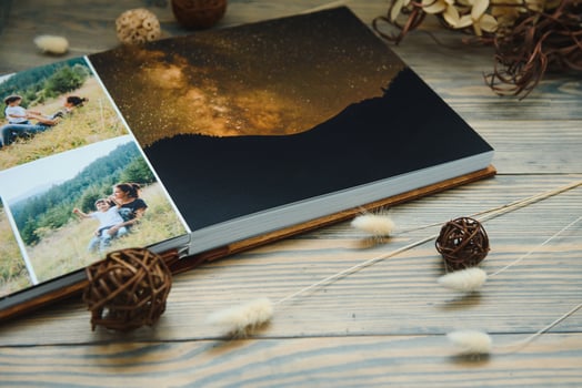 premium photo book, large size, natural wood cover, quality binding. Family photobook, recreation memories