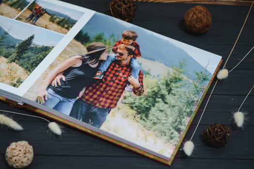 premium photo book, large size, natural wood cover, quality binding. Family photobook, recreation memories