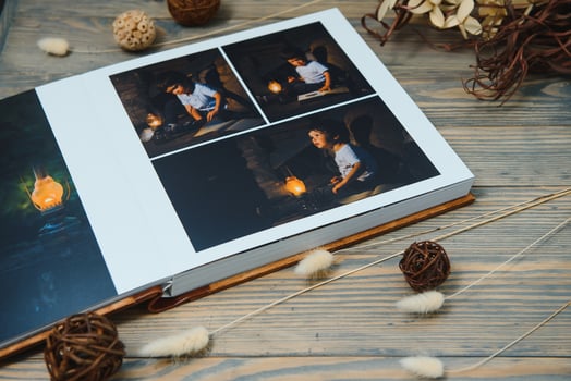 premium photo book, large size, natural wood cover, quality binding. Family photobook, recreation memories
