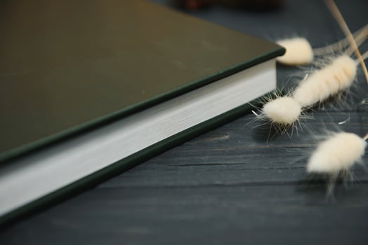 Green wedding or family photo book with leather cover. stylish wedding photo album close up. family photoalbum on wooden background.