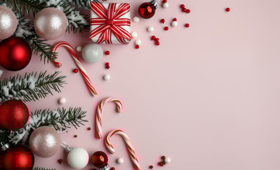 Festive Christmas Decorations With Ornaments and Candy Canes on Pink Background photo